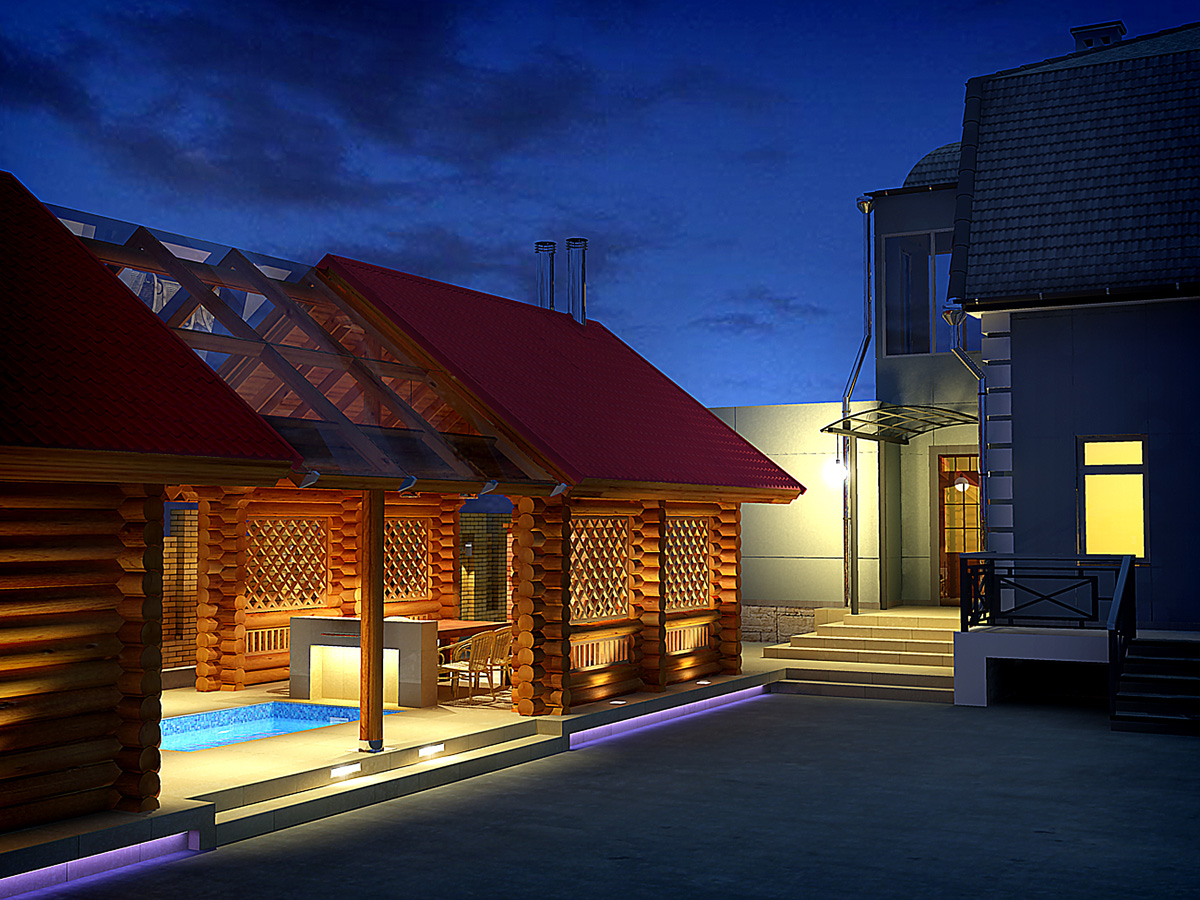 Проект бани с бассейном: деревянные конструкции под одной крышей с бильярдом и барбекю