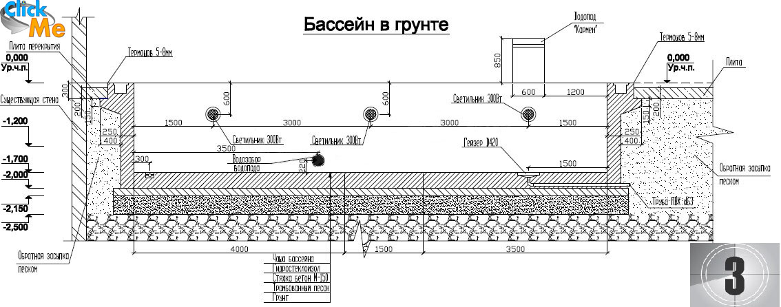 Разрез бассейна чертеж