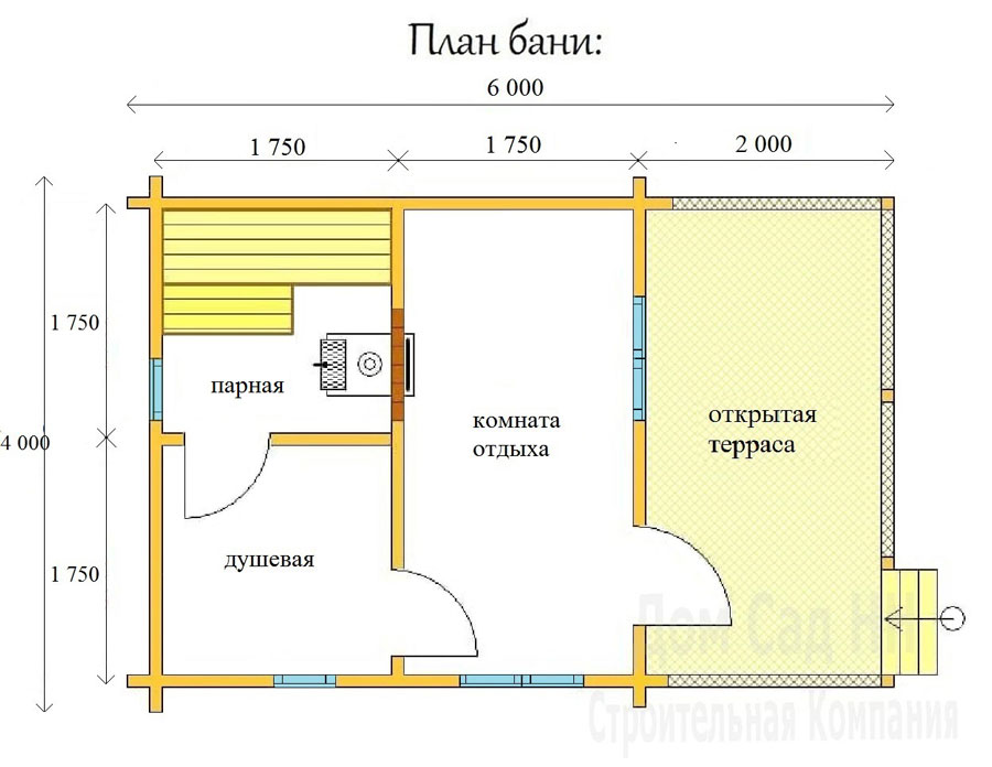 Планировка бани 6х4 с комнатой отдыха и парилкой и мойкой