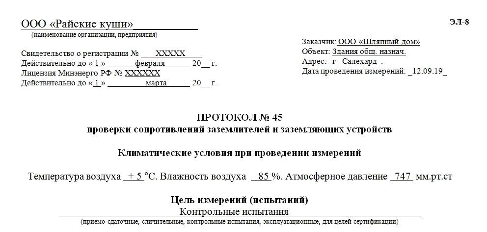 Акт осмотра заземления при вскрытии грунта образец